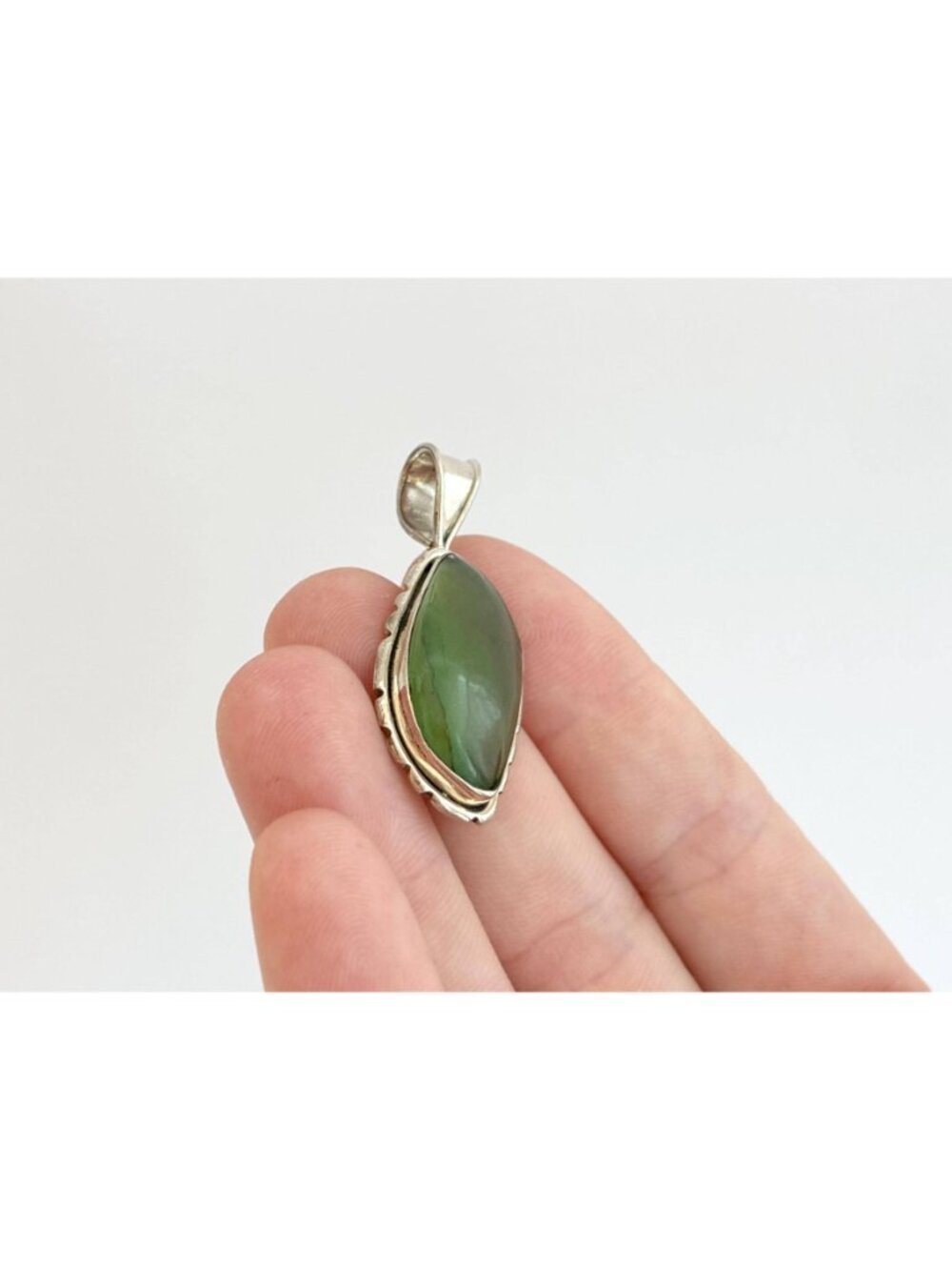 Natural Green Nephrite Gemstone Jumbo Sterling Silver Vintage 925 Pendant - Picture 9 of 11